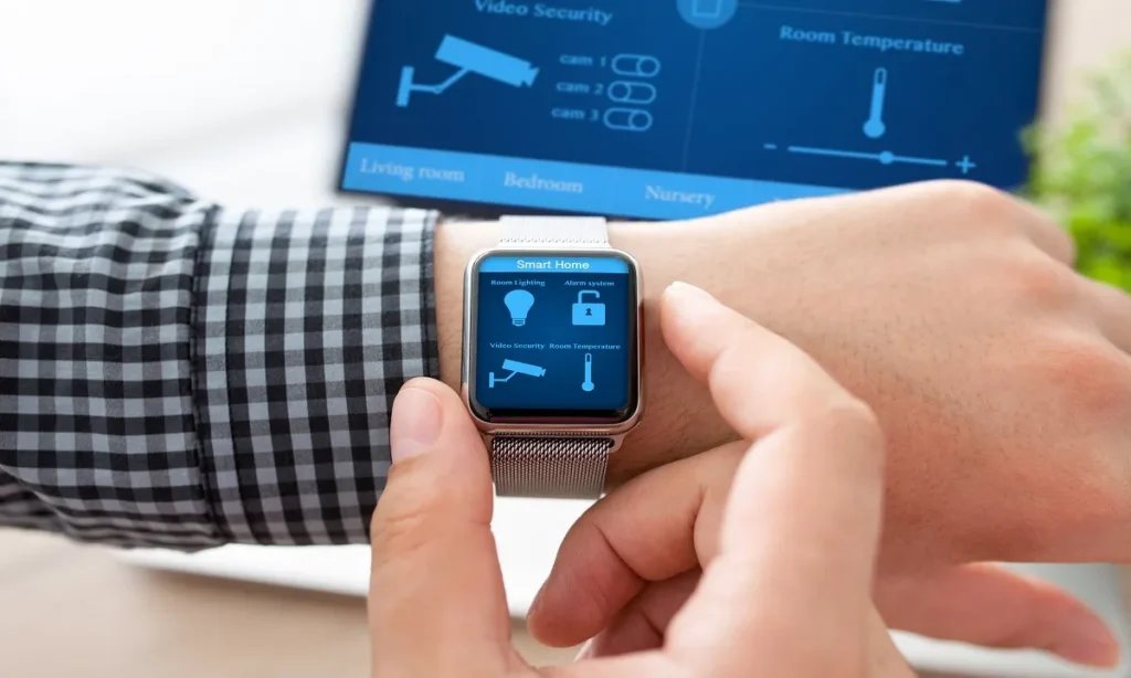 A person interacts with a smartwatch showing "Smart Home" controls.